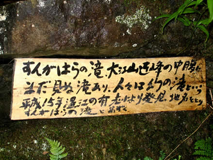すんがはらの滝。大江山連峰の中腹にまだ見ぬ滝り。人々は幻の滝という。平成15年温江の有志により発見。地名をとりすんがはらの滝と名ずく