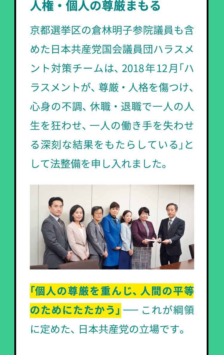 人権・個人の尊厳まもる　京都選挙区の倉林明子参院議員も含めた日本共産党国会議員団ハラスメント対策チームは、2018年12月「ハラスメントが、尊厳・人格を傷つけ、心身の不調、休職・退職で一人の人生を狂わせ、一人の働き手を失わせる深刻な結果をもたらしている」として法整備を申し入れました。「個人の尊厳を重んじ、人間の平等のためにたたかう」－これが綱領に定めた、日本共産党の立場です。