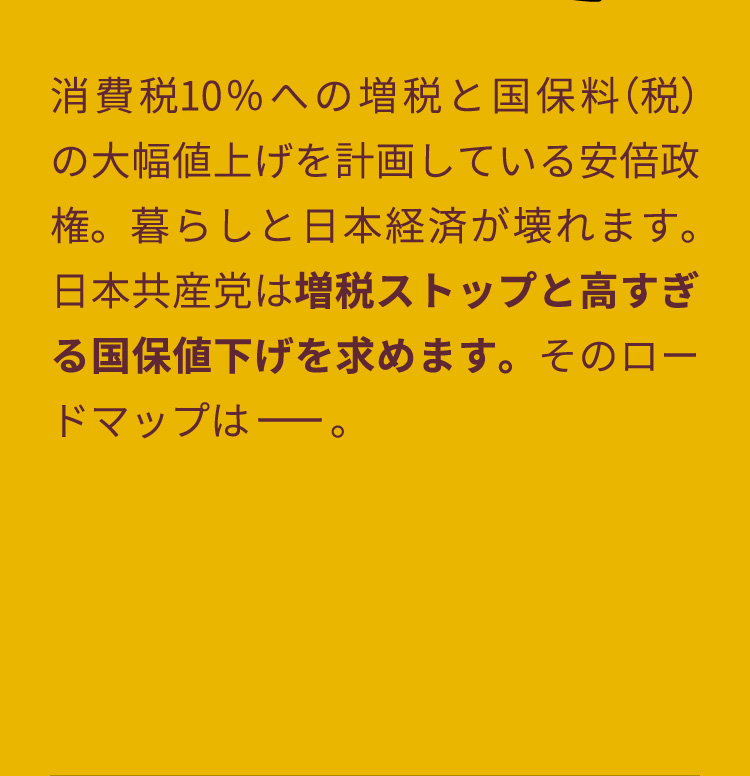 消費税10％への増税と国保料（税）の大幅値上げを計画している安倍政権。暮らしと日本経済が壊れます。日本共産党は増税ストップと高すぎる国保値下げを求めます。そのロードマップはー。